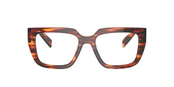 Das Bild zeigt die Prada Brille A03V in Havana rot von vorne.